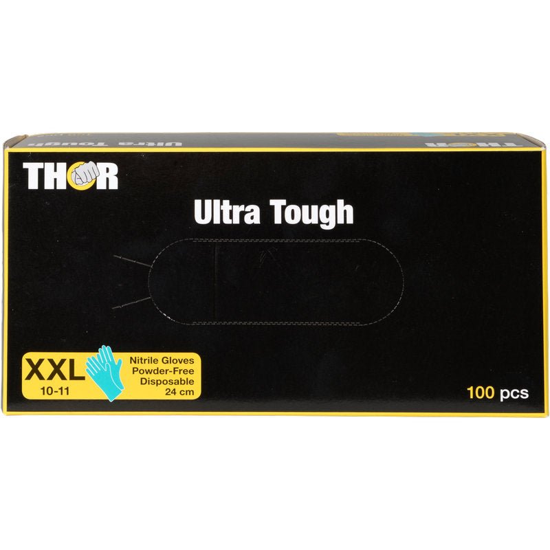 En rektangulær sort æske med teksten "Thor Ultra Tough, Grøn" fra Abena Re-Seller GmbH indeholder 100 pudderfri XXL-engangshandsker af nitril, størrelse 10-11, 24 cm. Ideel til udendørsaktiviteter - holdbar med grøn grafik og gule accenter.