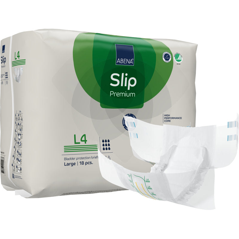Eine Packung ABENA Slip Premium von Abena Re-Seller GmbH, Großformat (18 Stück), wird neben einem ungefalteten Slip gezeigt, um das Design und die Eigenschaften hervorzuheben.