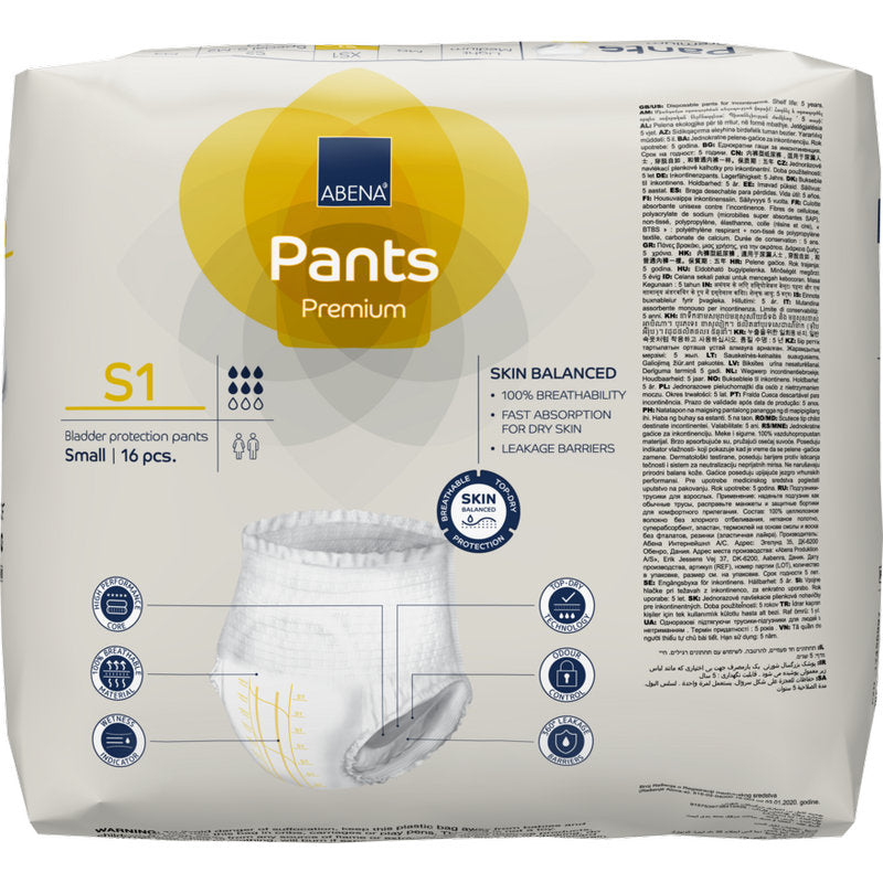 En 16-delt pakke ABENA Pants Premium S fra Abena Re-Seller GmbH til blæresikkerhed, størrelse small. Den overvejende hvide emballage med gul og blå farve indeholder produktinformationer, ikoner og et foto af inkontinensbukserne.