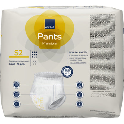 En pakke ABENA Pants Premium S fra Abena Re-Seller GmbH i størrelse Small indeholder 16 stykker i en for det meste hvid emballage med gule og blå accenter og tilbyder en pålidelig inkontinensbeskyttelse med en klar produktinformation på forsiden.