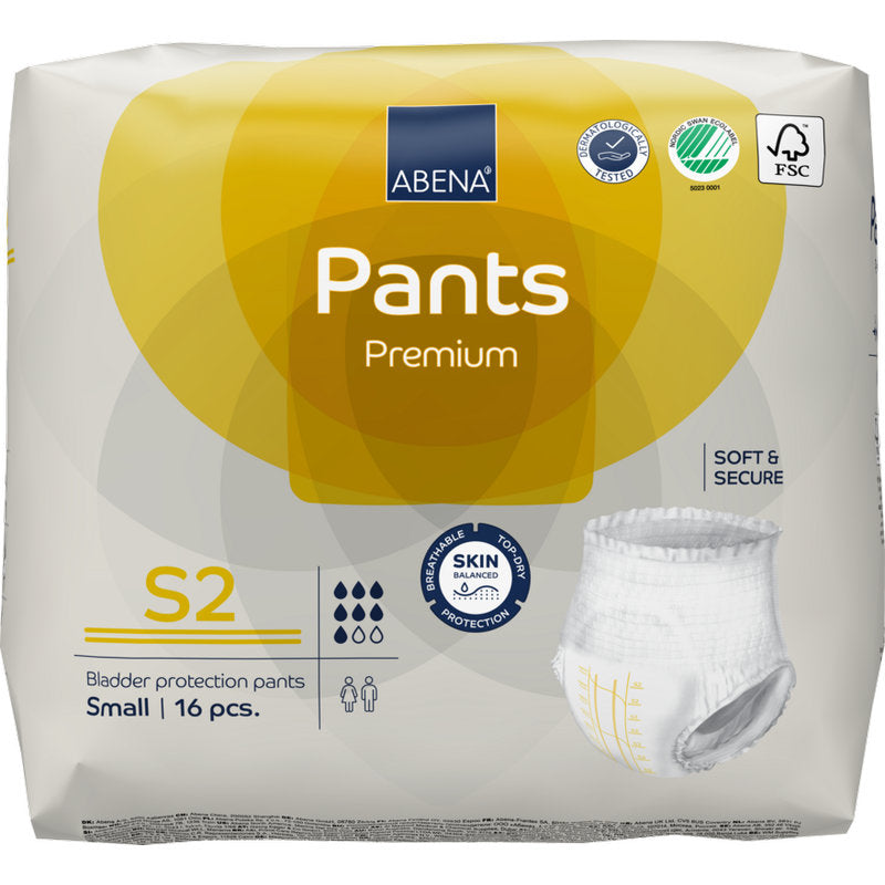ABENA Pants Premium S fra Abena Re-Seller GmbH, størrelse S2, fås i en pakke med 16. Den gul-grå emballage fremhæver den "soft & secure" komfort og hudbeskyttelse ved inkontinenspleje.