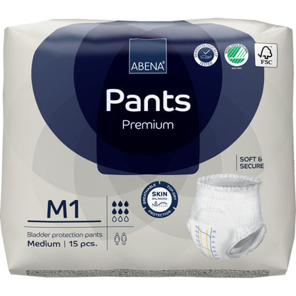 En 15-pak ABENA Pants Premium M fra Abena Re-Seller GmbH kommer i en overvejende hvid pakke med blå accenter, produktbilleder og certificeringslogoer, der fremhæver den premium blærebeskyttelse.