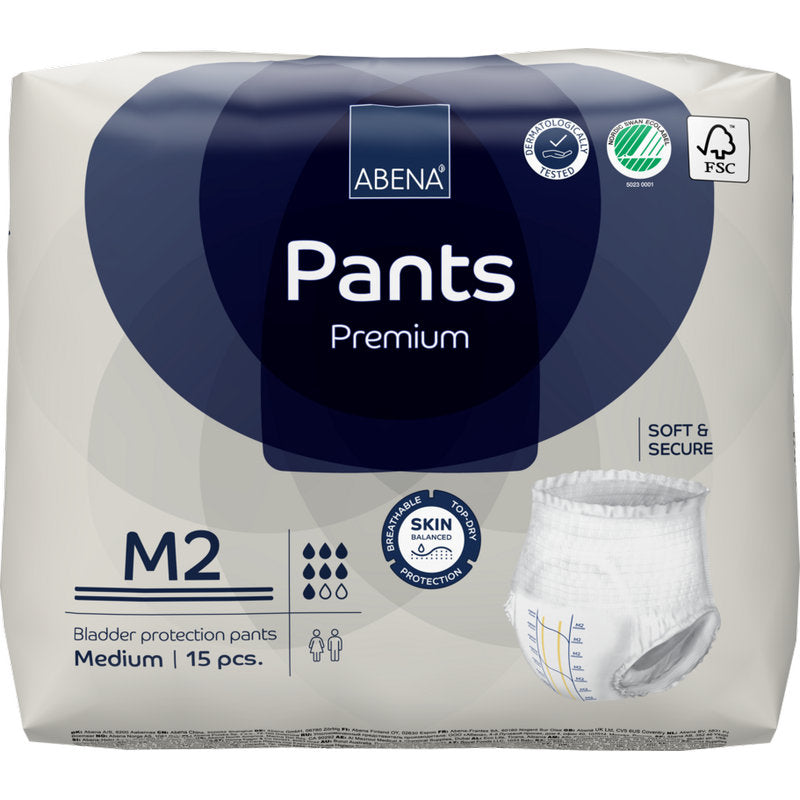 En 15-delt pakke ABENA Pants Premium M fra Abena Re-Seller GmbH. Den hvid-blå emballage viser ikoner for høj sugeevne, hudbeskyttelse, sugeevne og øko-certificering.