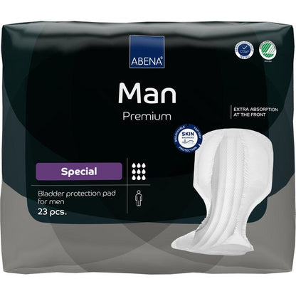 En pakke ABENA Man Special, Premium fra Abena Re-Seller GmbH (23 tamponer) tilbyder ekstra frontabsorption og lækagebeskyttelse. Den overvejende sorte emballage er forsynet med hvide og lilla accenter.