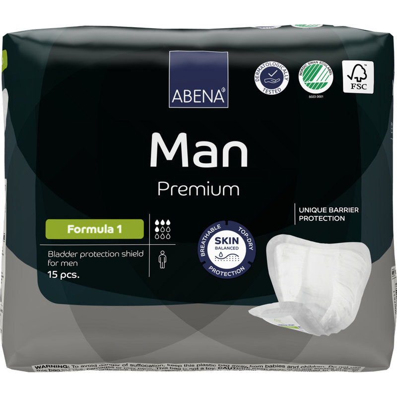 Eine 15er-Packung ABENA Man Formula Premium von Abena Re-Seller GmbH bietet Atmungsaktivität, Hautbalance und einzigartigen Barriereschutz für eine zuverlässige Inkontinenzversorgung des Mannes.