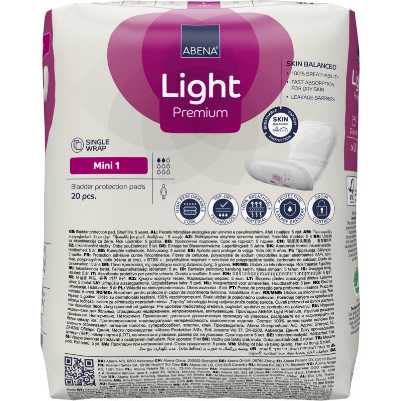 Pakke ABENA Light Mini 1, Premium (20 stk.) fra Abena Re-Seller GmbH til let inkontinens med flersprogede detaljer, produktbranding og afbildning af en inkontinensindlæg på højre side.