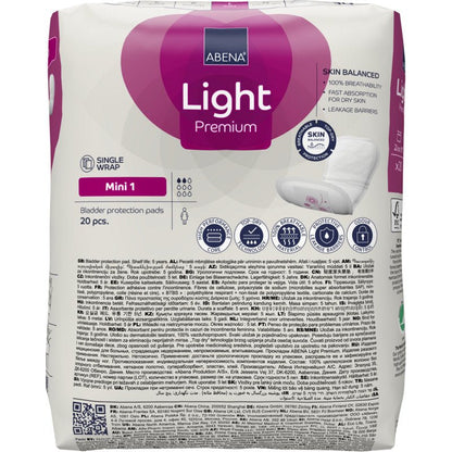 Pakke ABENA Light Mini 1, Premium (20 stk.) fra Abena Re-Seller GmbH til let inkontinens med flersprogede detaljer, produktbranding og afbildning af en inkontinensindlæg på højre side.