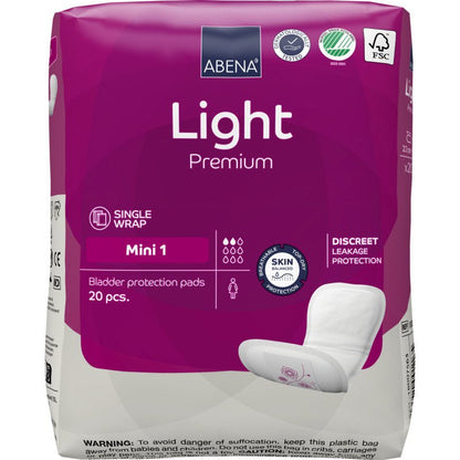 En pakke ABENA Light Mini 1, Premium fra Abena Re-Seller GmbH indeholder 20 puder til let inkontinens. Den violette pakke har en enkeltemballage og en diskret lækagebeskyttelse med klar hvid skrift og symboler.
