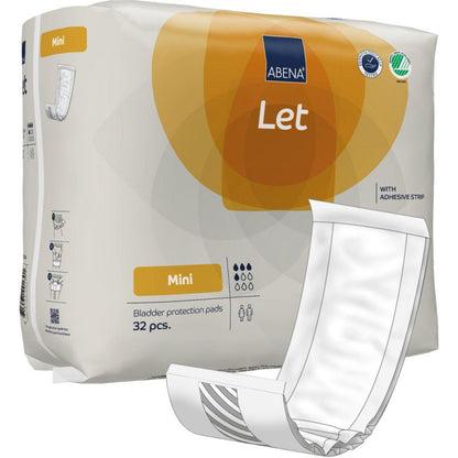 Afbildet er en pakke med 32 ABENA Let blærebeskyttelsesindlæg fra Abena Re-Seller GmbH med et indlæg på forsiden. Den overvejende hvide emballage har orange og blå accenter og ligner en kvalitets ABENA Let taske.