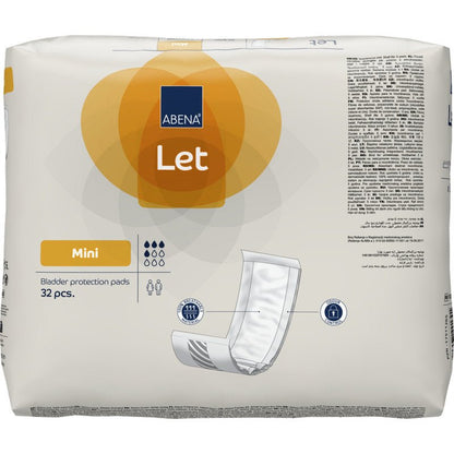 En pakke med 32 ABENA Let blærebeskyttelsespuder fra Abena Re-Seller GmbH skiller sig ud med et overvejende hvidt design med orange accenter og en pudeillustration - ideel til opbevaring i din slidstærke taske.