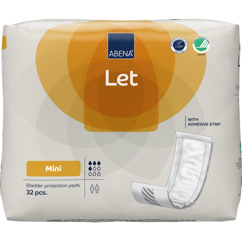 En pakke med 32 ABENA Let blærebeskyttelsespuder fra Abena Re-Seller GmbH leveres i en overvejende hvid pose med orange og blå accenter, hvorpå der er afbildet en pude med en klæbestribe.