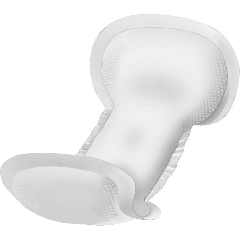 Et nærbillede af en hvid ABENA Let engangs-inkontinensindlæg fra Abena Re-Seller GmbH med afrundede kanter og elastiske sidefolder for en sikker pasform.