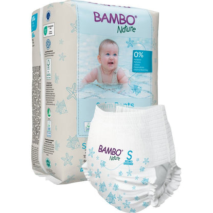 Bambo Nature svømmebleer, str. S, 7-12 kg (12 stk.) fra Abena Re-Seller GmbH viser et svømmende barn på forsiden og en svømmeble med lyseblå søstjerne- og muslingemotiver - ideel til din babys vandleg!.
