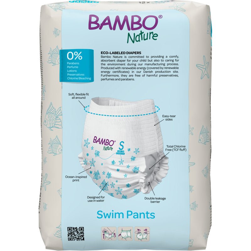 12-pak Bambo Nature svømmebleer, str. S (7-12 kg) fra Abena Re-Seller GmbH har en hvid-blå emballage med et svømmeblemotiv og fremhæver den miljøvenlige formel med 0% parabener, lotion og parfume. Velegnet til babyer på 7-12 kg.
