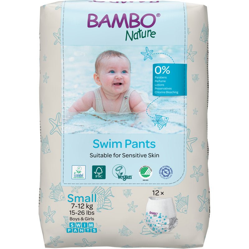 Bambo Nature svømmebleer, str. S, 7-12 kg (pakke med 12 stk.) fra Abena Re-Seller GmbH er paraben- og parfumefri - ideel til sart babyhud og små svømmere på 7-12 kg.