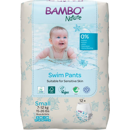 Bambo Nature svømmebleer, str. S, 7-12 kg (pakke med 12 stk.) fra Abena Re-Seller GmbH er paraben- og parfumefri - ideel til sart babyhud og små svømmere på 7-12 kg.