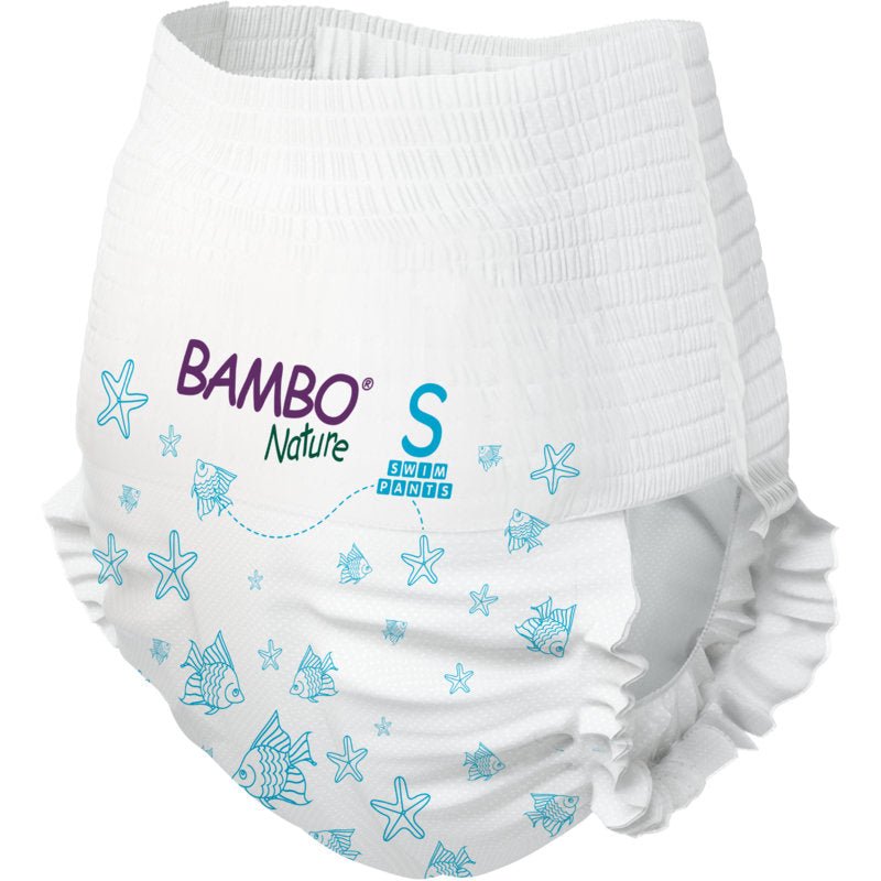 Bambo Nature svømmebleer, str. S, 7-12 kg (pakke med 12 stk.) fra Abena Re-Seller GmbH er hvide svømmebleer med blå fiske- og søstjernemønstre samt elastisk talje og benlukning. Ideel til babyer.
