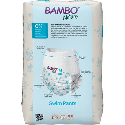 En 12-pak Bambo Nature svømmebleer, str. M (12+ kg) fra Abena Re-Seller GmbH: hvide bleer med blåt søstjernemotiv, øko-mærket og fri for parabener, lotioner og duftstoffer.