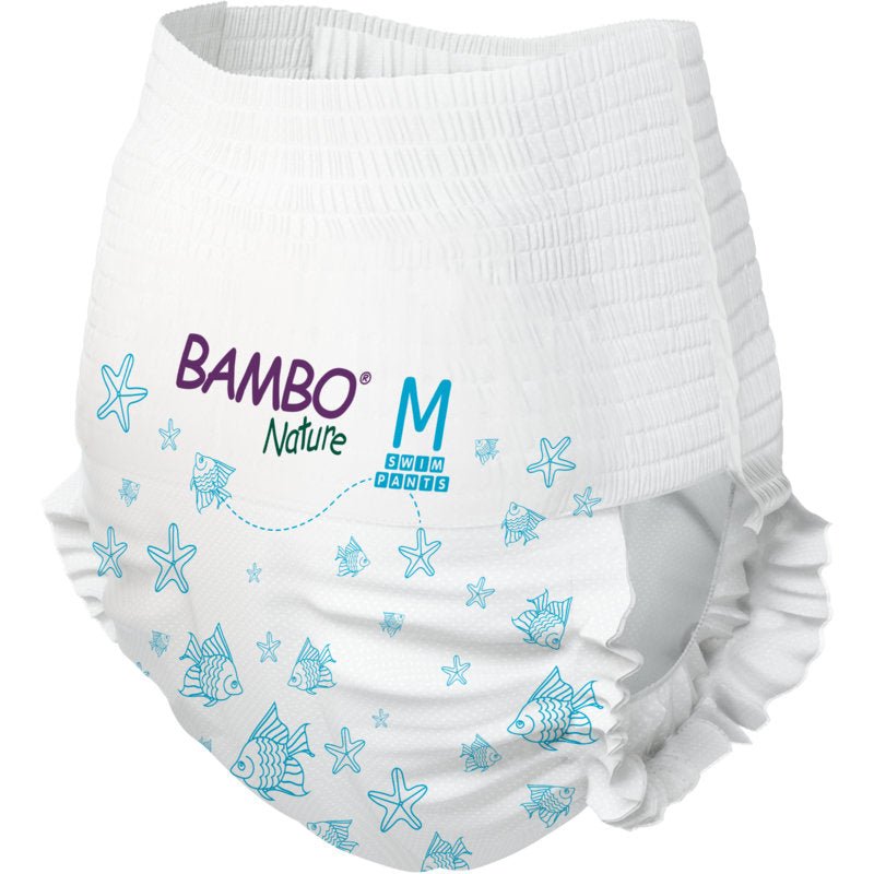 Bambo Nature svømmeble str. M (12+ kg) fra Abena Re-Seller GmbH, pakke med 12 stk., overbeviser som en bæredygtig, hvid svømmeble med blå fiskemotiver - ideel til miljøbevidste familier.