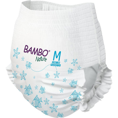 Bambo Nature svømmeble str. M (12+ kg) fra Abena Re-Seller GmbH, pakke med 12 stk., overbeviser som en bæredygtig, hvid svømmeble med blå fiskemotiver - ideel til miljøbevidste familier.