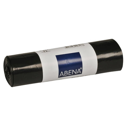 En rulle sorte affaldsposer med et hvidt-blåt tryk af mærket Abena Re-Seller GmbH med betegnelsen "Affaldsposer til Sækko Boy 120, 35 my LLDPE".