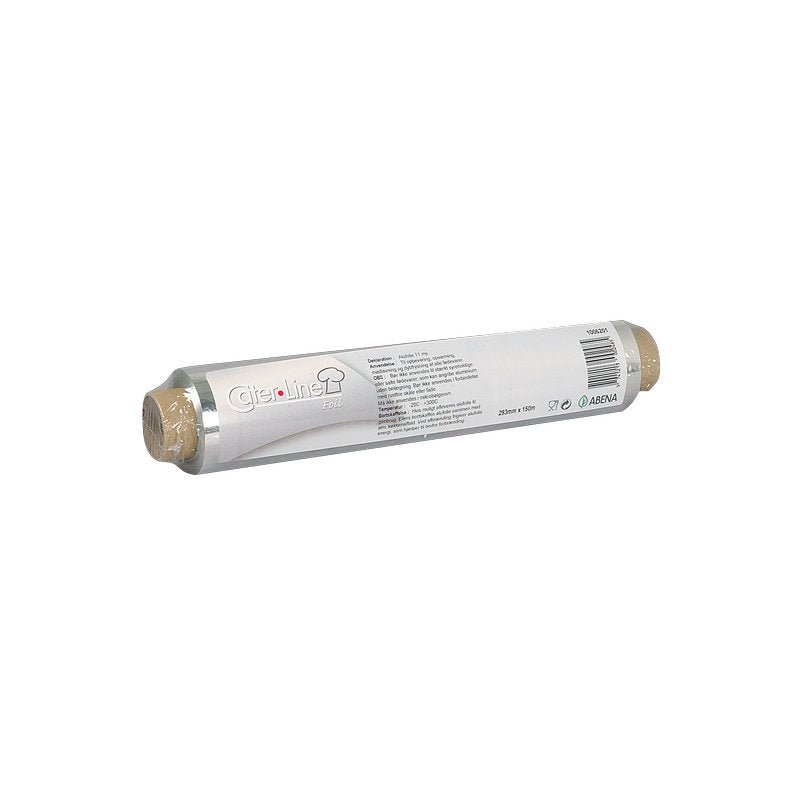 En rulle Abena Re-Seller GmbH aluminiumsfolie, 29 cm x 150 m, 11 my, pakke (1 stk.), med produktinformation på hvidt mærkat og pakket i klar folie - perfekt som fødevareemballage.