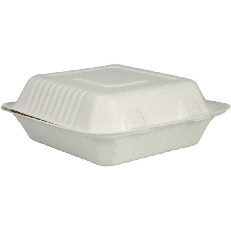 Eine geschlossene, weiße MenüBox aus Bagasse (22,3x20,1x7,7 cm) von Abena Re-Seller GmbH aus kompostierbarem Material vor neutralem Hintergrund; Packung mit 50 Stück.