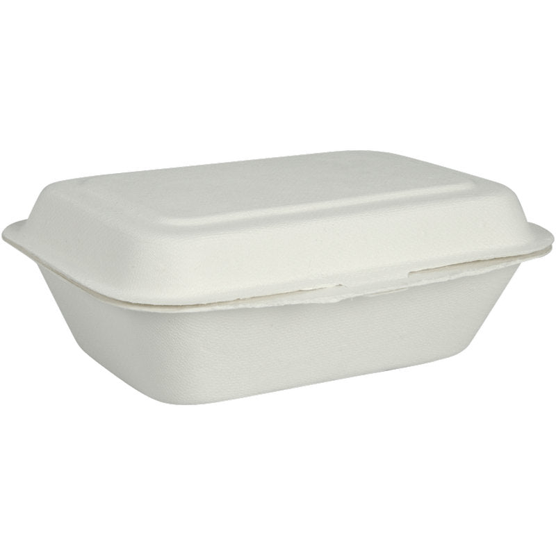 Menu boksen, Bagasse, Uopdelt, Hvid fra Abena Re-Seller GmbH er en lukket, rektangulær hvid takeaway-beholder lavet af fiberform. Den er biologisk nedbrydelig og komposterbar og vises foran en enkel hvid baggrund.