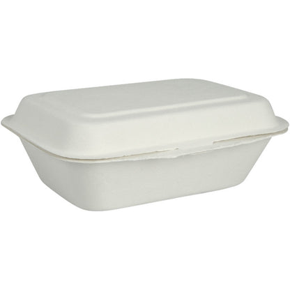 Menu boksen, Bagasse, Uopdelt, Hvid fra Abena Re-Seller GmbH er en lukket, rektangulær hvid takeaway-beholder lavet af fiberform. Den er biologisk nedbrydelig og komposterbar og vises foran en enkel hvid baggrund.