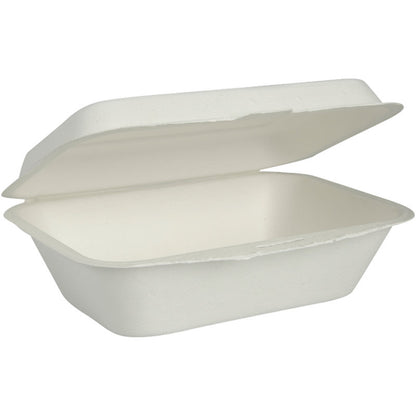 En åben, uopdelt menu boks Bagasse i Hvid fra Abena Re-Seller GmbH, lavet af biologisk nedbrydeligt og komposterbart materiale, vises tom med opklappet låg foran en enkel baggrund.