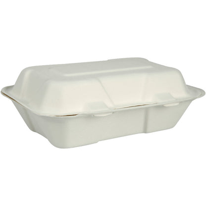 Menu boksen, Bagasse, Uopdelt, Hvid fra Abena Re-Seller GmbH er en lukket, rektangulær, hvid madbeholder til at tage med med et klaplåg lavet af komposterbart og biologisk nedbrydeligt materiale, afbildet på en enkel hvid baggrund.