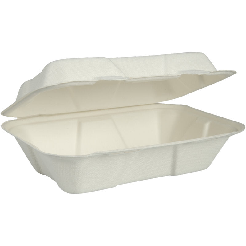 En hvid, rektangulær menu boks, Bagasse, Uopdelt fra Abena Re-Seller GmbH er afbildet åben med hævet låg. Den komposterbare og biologisk nedbrydelige fiberformbeholder er tom og står foran en enkel baggrund.