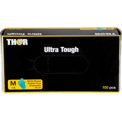 En grøn æske med teksten "Thor Ultra Tough" fra Abena Re-Seller GmbH indeholder 100 mellemstore, pudderfri engangs-nitrilhandsker (24 cm) - det holdbare produkt er ideelt til udendørsaktiviteter.