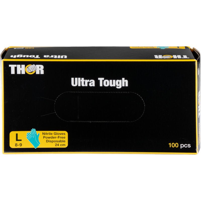 En grøn æske med teksten "Thor Ultra Tough" fra Abena Re-Seller GmbH indeholder 100 store, pudderfri engangs-nitrilhandsker (størrelse 8-9, 24 cm) - ideel til udendørsaktiviteter. Ved siden af størrelsesangivelsen vises en blå handskeillustration.