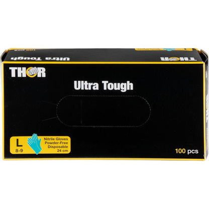 En grøn æske med teksten "Thor Ultra Tough" fra Abena Re-Seller GmbH indeholder 100 store, pudderfri engangs-nitrilhandsker (størrelse 8-9, 24 cm) - ideel til udendørsaktiviteter. Ved siden af størrelsesangivelsen vises en blå handskeillustration.