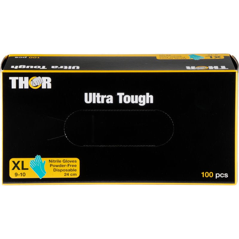 En grøn æske med teksten Thor Ultra Tough" fra Abena Re-Seller GmbH indeholder 100 pudderfri engangshandsker af nitril i størrelse XL (9-10) med gule og blå accenter - ideel til udendørsaktiviteter.