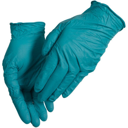 Et par grønne Thor Ultra Tough engangs-nitrilhandsker fra Abena Re-Seller GmbH overlapper med håndfladen opad på hvidt grundlag - ideel til udendørsaktiviteter og designet som et holdbart produkt.