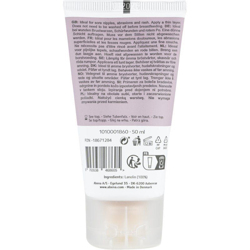Bagsiden af en 50 ml tube Abena Re-Seller GmbH Repair Creme, 100% lanolin, uparfumeret; med flersproget tekst, brugs- og genbrugsinformationer, kvalitetssymboler, stregkode, batchkode, ingredienser. Fremstillet i Danmark. Tilgængelig i karton (6 pakker).