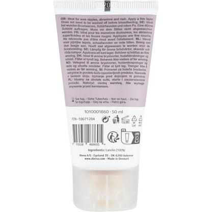 Bagsiden af en 50 ml tube Abena Re-Seller GmbH Repair Creme, 100% lanolin, uparfumeret; med flersproget tekst, brugs- og genbrugsinformationer, kvalitetssymboler, stregkode, batchkode, ingredienser. Fremstillet i Danmark. Tilgængelig i karton (6 pakker).