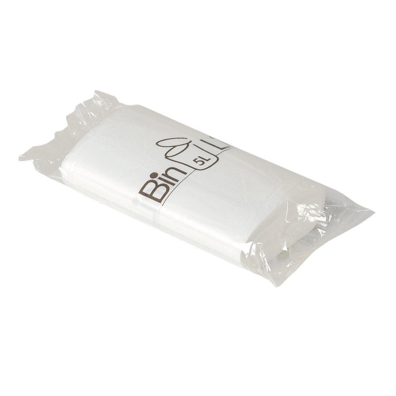 En stak hvide Bin Line poser 5L affaldsposer (340x390mm, 10my LLDPE) fra Abena Re-Seller GmbH, 20 poser pr. rulle, indpakket i klar plast med trykket "Bin" og affaldssymbolet på forsiden for pålidelig stabilitet.