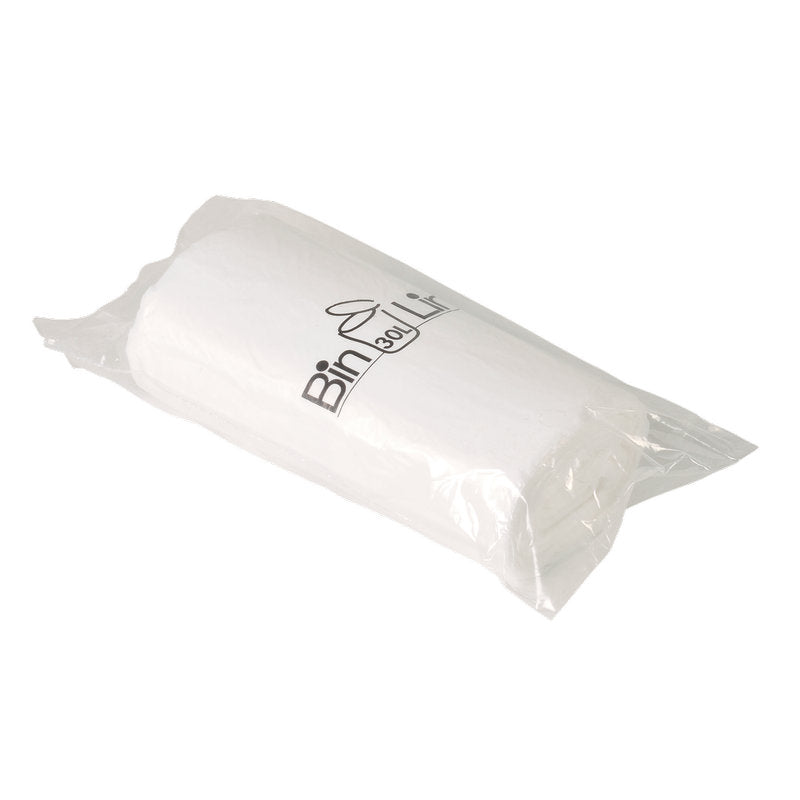 Eine Rolle Bin Line Beutel 30 L, 470x840 mm, 10 my LLDPE, Weiß (20 Beutel) von Abena Re-Seller GmbH, verpackt in einer durchsichtigen Kunststoffverpackung mit dem "Bin Lin"-Logo in Schwarz auf der Vorderseite.