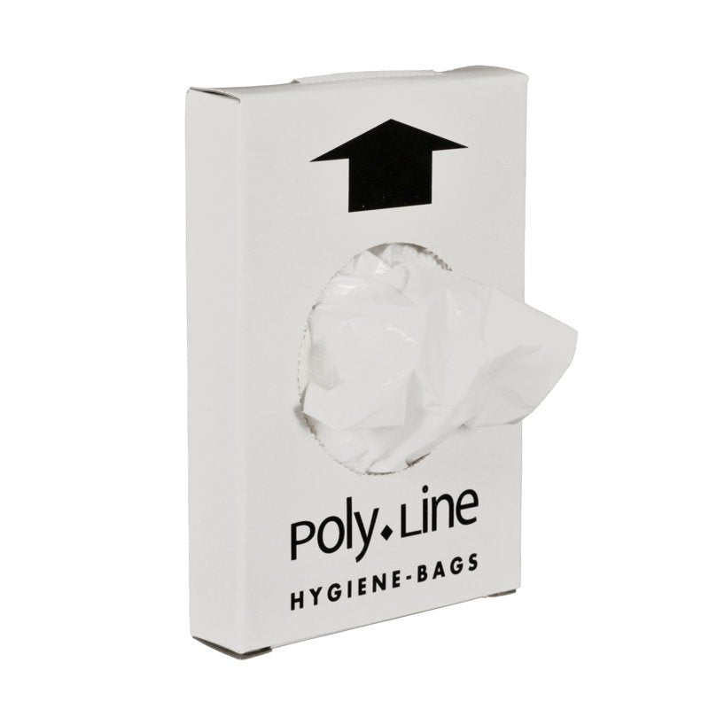 En hvid kasse med teksten "Abena Re-Seller GmbH Hygiejneposer, 12,5 x 24,5 cm, 15 my HDPE, Hvid" dispenserer en pose fra en rund åbning - ideel til en ordnet og tilgængelig affaldshåndtering. Hver kasse indeholder 25 pakker.