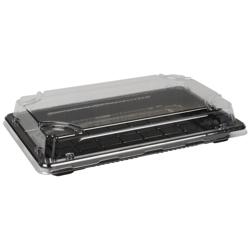 Der Abena Re-Seller GmbH Sushi-to-go Kombi-Pack ist ein rechteckiger Klappbehälter mit schwarzem Boden und durchsichtigem Deckel, der sich perfekt für die Präsentation und den Transport von frischem Sushi oder Desserts eignet.