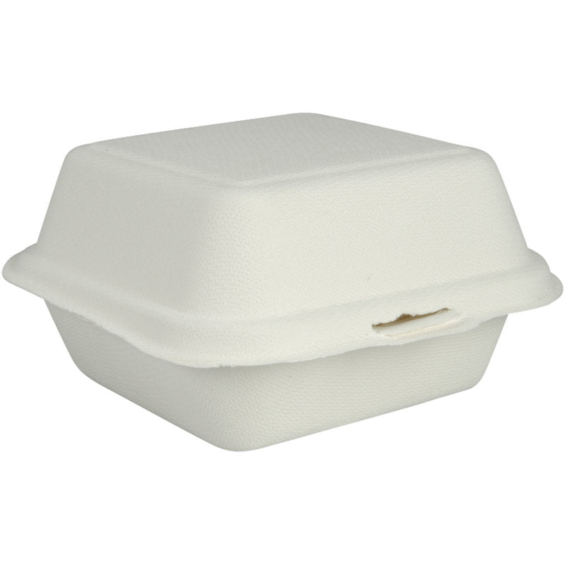 Die Burgerbox Bagasse, Weiß von Abena Re-Seller GmbH ist ein geschlossener, weißer, rechteckiger Essensbehälter zum Mitnehmen aus biologisch abbaubarem Material mit strukturierter Oberfläche und Frontverschluss - perfekt als umweltfreundliche Verpackung für Ihre Mahlzeiten.