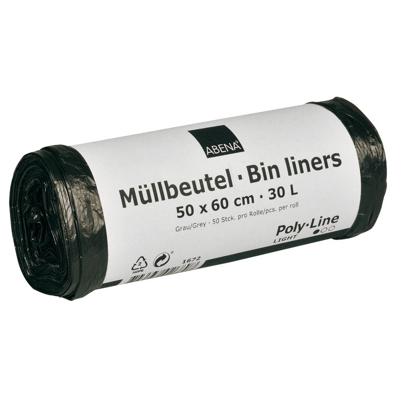Eine Rolle Abena Re-Seller GmbH Müllbeutel 30 L, 500x600 mm, 4,5 my HDPE, grau, ist mit einem weißen Etikett mit der Aufschrift "Müllbeutel - Bin Liners" versehen und enthält 50 Beutel pro Rolle.