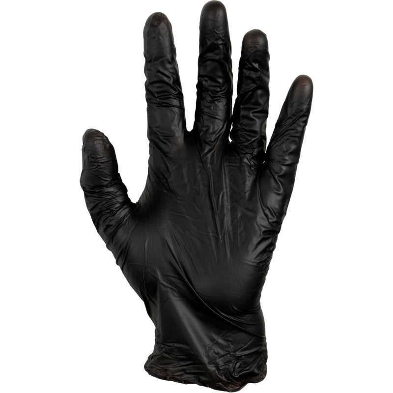 Eine rechte Hand, die einen Thor Black Vinyl, Vitrile Blend, Puderfrei Handschuh von Abena Re-Seller GmbH trägt, ist mit gespreizten Fingern und nach vorne gerichteter Handfläche vor einem schlichten weißen Hintergrund dargestellt.