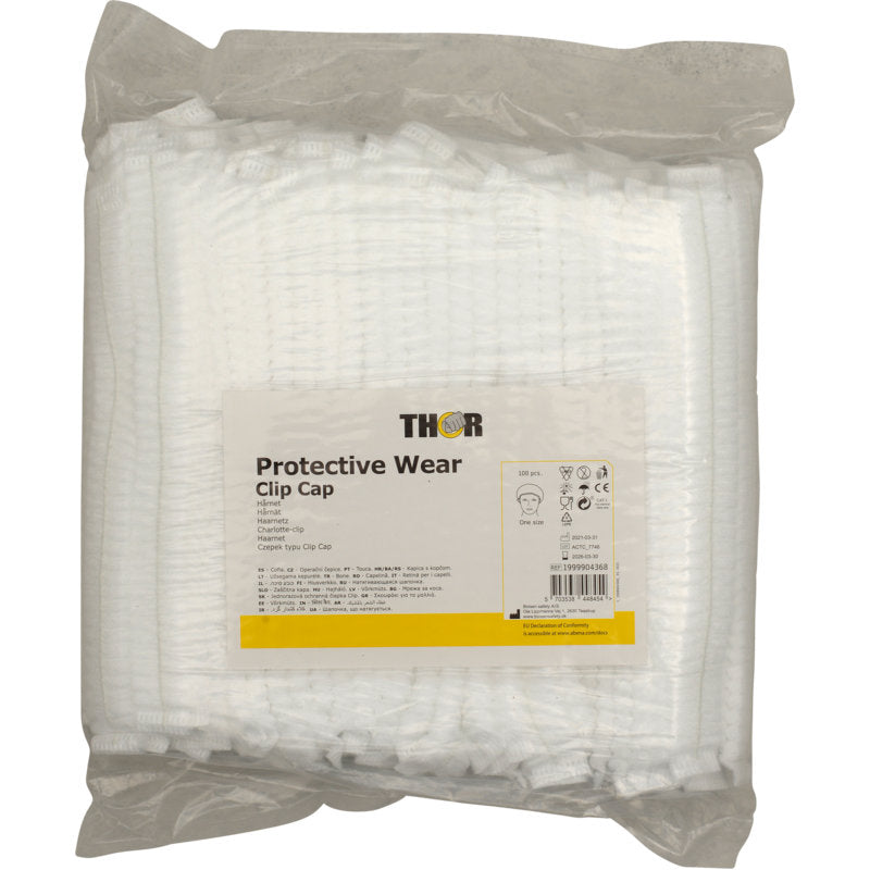 En forseglet plastpakke indeholder hvide engangs Thor Clip-hætter, ø 53 cm. Etiketten fra Abena Re-Seller GmbH lyder "Protective Wear Clip Cap" med instruktioner og symboler - ideel til frisørsaloner og professionel brug.
