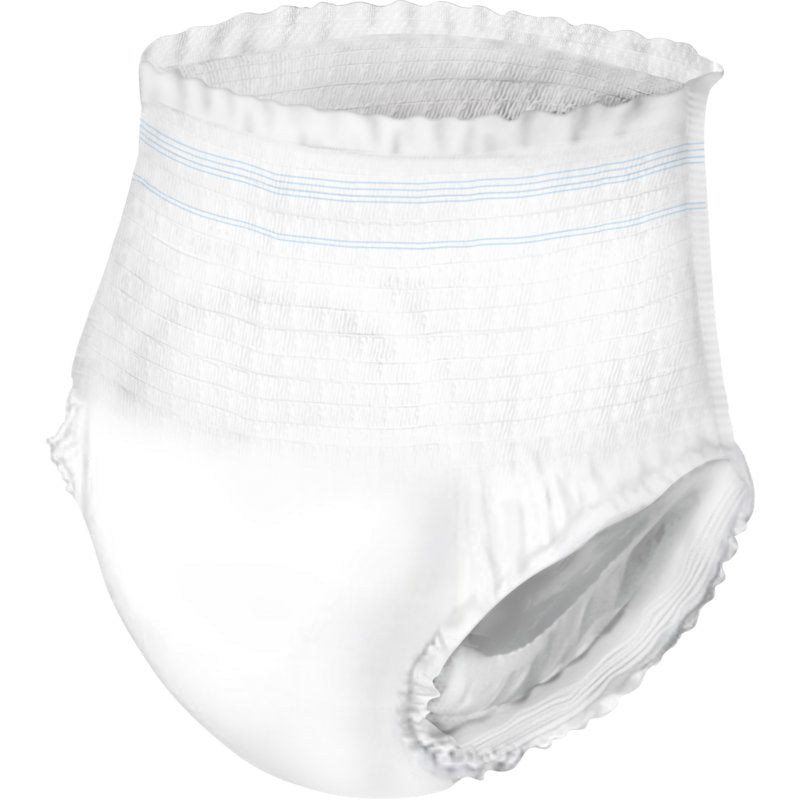 ABENA Pants XS1, Premium | Pakke (24 styk) fra Abena Re-Seller GmbH er en engangsbuks til voksne med elastisk talje og lyseblå linjer, udviklet til optimal inkontinenspleje. Afbildet på ensfarvet baggrund.