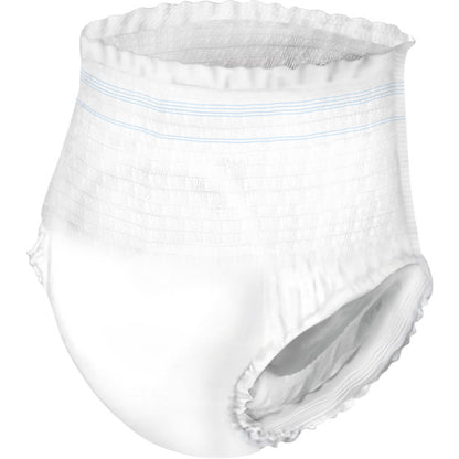 ABENA Pants XS1, Premium | Pakke (24 styk) fra Abena Re-Seller GmbH er en engangsbuks til voksne med elastisk talje og lyseblå linjer, udviklet til optimal inkontinenspleje. Afbildet på ensfarvet baggrund.