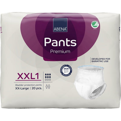 En 20-pak ABENA Pants XXL1, Premium fra Abena Re-Seller GmbH, tilbyder høj kvalitets inkontinensbeskyttelse i XXL-størrelse til bariatrisk brug. Den for det meste hvide og lilla emballage viser en enkelt buks på højre side.